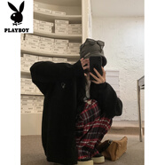 花花公子（PLAYBOY）新品大尺碼胖mm寬松顯瘦格子休閑 黑色毛衣-旗艦款 M (建議80~100斤)