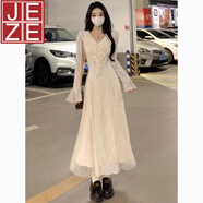 JEZE法式溫柔保暖加絨蕾絲初戀連衣裙女秋冬收腰顯瘦白色v領(lǐng)氣質(zhì)長(cháng)裙 米白色 【z】 M 【建議96-110斤】