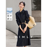 梵希蔓（vimly）撞色明線牛仔連衣裙女2025秋季新款藍(lán)色翻領(lǐng)長(zhǎng)袖直筒中長(zhǎng)裙 深牛仔藍(lán) M (建議100-110斤)