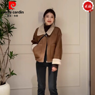皮爾卡丹（pierre cardin）小香風(fēng)翻領(lǐng)羊羔毛外套女秋冬2025新款小個(gè)子寬松皮毛一體保暖上衣 咖啡色 (輕奢感) S 建議80-95斤