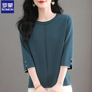 羅蒙時(shí)尚針織衫中袖上衣女薄款媽媽裝寬松遮肚七分袖t恤打底衫 哈青 M 【建議100-110斤】