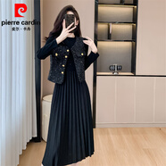 皮爾卡丹（pierre cardin）小香風(fēng)馬甲連衣裙兩件套女秋冬季新款氣質(zhì)名媛百褶長(cháng)裙套裝 黑色馬甲+連衣裙 S