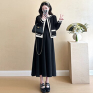 苒祺祺孕婦裝秋款套裝2025新款外套時髦休閑寬松連衣裙百搭秋冬兩件套 黑色套裝 M