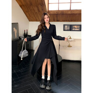 智立冠顯瘦連衣裙2025大碼女裝不規則裙擺純色簡(jiǎn)約修身藏肉 黑色 4XL 大碼