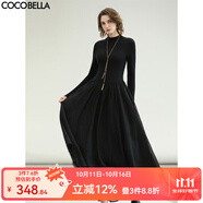 COCOBELLA赫本風(fēng)禮服半高領(lǐng)連衣裙小黑裙褶皺肌理大擺長(zhǎng)裙FR0008 黑色 S