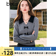 百圖betu女裝秋季新款毛針織衫拼色翻領(lǐng)甜美紐扣針織衫女2408T10 灰色 M