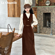 拉夏貝爾（La Chapelle）連衣裙套裝秋季燈芯絨連衣裙女溫柔高知穿搭復(fù)古背帶裙子兩件套 月光白上衣+摩卡棕背帶裙 【送腰帶】 XL 120-130斤