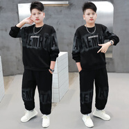 她及其他胖男童秋裝套裝春秋2025新款胖男孩兒童衛衣運動(dòng)服秋季長(cháng)褲兩件套 黑色白字母【春秋套裝】 150 碼建議130-145身高，70-90斤