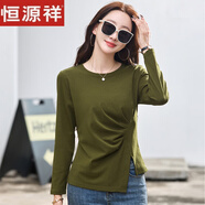 恒源祥春秋2025新款長(cháng)袖t恤女裝圓領(lǐng)韓版設計感收腰開(kāi)叉打底衫百搭顯瘦 軍綠色 M