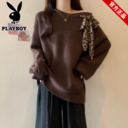 花花公子（PLAYBOY）美式復古豹紋斜肩毛衣女秋冬款慵懶寬松洋氣歐美風新款針織衫上衣 咖啡色 L [105-120斤]