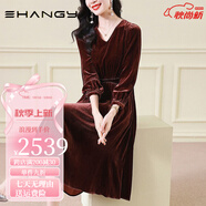 Ehangy輕奢品牌真絲絨連衣裙女2025年秋冬季新款純色泡泡袖桑蠶絲裙子 焦糖色 M [適合105-115]斤