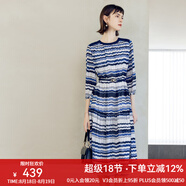 顏域七分袖條紋連衣裙女裝2024新款時尚簡約連身裙中長款圓領(lǐng)裙子 藍(lán)條 S/36