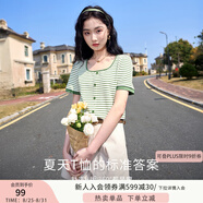 香影條紋t恤女短袖2025夏裝新款顯瘦寬松正肩泡泡袖紅色方領上衣 綠色 X832171 M