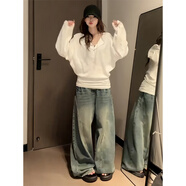 美式排扣v領(lǐng)蝙蝠袖白色長(zhǎng)袖t恤女秋季松弛感寬松慵懶風(fēng)設(shè)計(jì)感上衣 白色 L