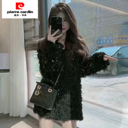 皮爾卡丹（pierre cardin）網(wǎng)紅毛毛流蘇重工閃閃亮片毛衣裙女2025年秋冬新款法式連衣裙 黑色 M