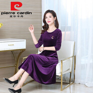 皮爾卡丹（pierre cardin）金絲絨連衣裙2025春秋新款大尺碼連衣裙收腰顯瘦中長(cháng)款長(cháng)袖修身裙 紫色840#純色款帶胸針今年流行的輕奢品牌 M 建議70-85斤