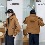 南極人（Nanjiren）短款沖鋒衣女2025新款小個(gè)子連帽工裝外套春秋寬松百搭派克服上衣 棕色 S 80-100斤