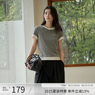 阿依蓮【商場(chǎng)同款】假兩件短袖t恤女夏季2025新款時(shí)尚百搭正肩撞色上衣 貝殼灰 M