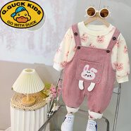 G.DUCKKIDS2025女童秋冬季卡通滿(mǎn)印動(dòng)物童裝加絨休閑背帶褲男女寶寶兩件套裝 加絨 04滿(mǎn)印背帶套裝 兔子 73 CM