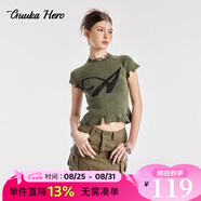 古由卡（GUUKA）HERO多處破洞短款毛衣女春新款潮 個(gè)性修身顯瘦針織上衣旅游百搭 軍綠 XS