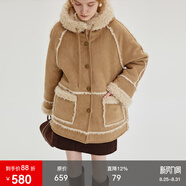 fano studios范洛Fano 冬季加厚連帽仿羊羔毛皮毛一體外套女復古麂皮絨短外套 淺卡其 S