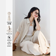 梵希蔓時(shí)尚休閑襯衫套裝女夏季寬松短袖上衣高腰闊腿褲套裝 原麻色L