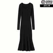 鄂爾多斯市產(chǎn)羊絨衫女士100%純羊絨V領韓版長款裙秋冬2025新品 氣質黑 XL