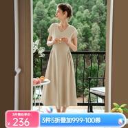 Olrain歐芮兒深灰色連衣裙女裝夏季新款時(shí)尚收腰顯瘦傘擺裙子 裸杏色 L