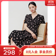 敦奴（DUNNU）dunnu敦奴2024夏季新款中長款法式V領(lǐng)印花雪紡連衣裙女 正黑色 3XL