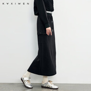 佧茜文（KAXIWEN）休閑通勤半身裙2025春季新款撞色松緊高腰長(cháng)款直筒裙女 黑色 S
