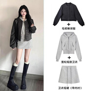 grosfairy常規款服衫外套女春秋季2025新款正肩衛衣休閑小上衣韓系chic 【三件套】麻灰外套+收腰短衛衣+短裙 L