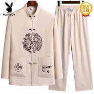 花花公子（PLAYBOY）高端中年人男士春秋中國風(fēng)唐裝長(zhǎng)袖漢服套裝60歲70兩件套衣服 米白色 均碼 41 【130-145斤】