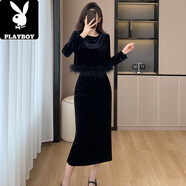 花花公子（PLAYBOY）小香風氣質減齡金絲絨套裝裙女秋冬羽毛顯瘦上衣包臀半身裙兩件套 黑色 2XL