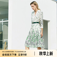 顏域七分袖碎花連衣裙女秋裝洋氣收腰中長(cháng)款V領(lǐng)印花裙子 白花七分 L/40