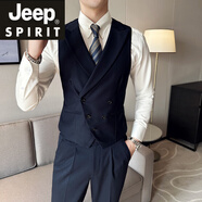 JEEP SPIRIT吉普西裝馬甲套裝男商務(wù)韓版修身馬夾雙排扣V領(lǐng)設(shè)計新郎伴郎西裝 藏青色【馬甲+西褲】 M