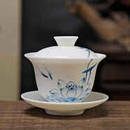 羊脂玉素?zé)派w碗茶杯德化白瓷單個茶具套裝功夫碗帶蓋陶瓷 羊脂玉素?zé)w碗-荷韻 150ml