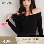 SNIDEL秋冬甜美薄紗拼接一字領(lǐng)露肩修身針織衫SWNT244236 黑色 均碼 （F）