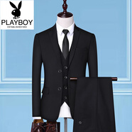 花花公子（PLAYBOY）青年西服套裝男士上班韓版修身西裝職業(yè)裝男商務(wù)正裝新郎結(jié)婚禮服 黑色(單件西服) M 165
