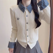 KAHTOP2025春秋新款學(xué)院風(fēng)POLO領(lǐng)假兩件拼接針織衫女毛衣開(kāi)衫WTC 復古麻花刺繡淺杏色 S 建議【85-95】斤