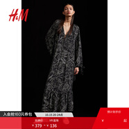 H&M女裝連衣裙秋季V領寬松法式休閑抽繩設計植物印花長裙1225331 黑色/花卉 165/96 M
