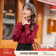 茵曼（INMAN）紅色本命年紅服春秋木耳邊高領(lǐng)泡泡袖顯瘦復古針織毛衣女 楓葉紅 S