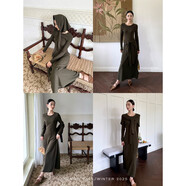 鷺青一原創(chuàng  )【映簾】莫代爾棉針織連衣裙女秋極簡(jiǎn)圓領(lǐng)修身綁帶長(cháng)裙 橄欖綠 L