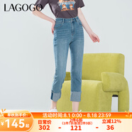 lagogo高腰修身顯瘦深色九分牛仔褲女拉谷谷夏新款褲腳翻邊褲子 深牛仔藍(N2) S