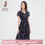 經(jīng)典故事（JANE STORY）2025年夏季新款V領(lǐng)雪紡連衣裙女氣質(zhì)法式茶歇裙復古荷葉邊碎花裙 M73深藍色花 M