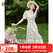 歐莎（OSA）【竹吟連衣裙】度假風茶歇碎花裙連衣裙子女夏季新款顯瘦中長裙 白底綠花 S