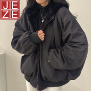 JEZE韓國chic休閑氣質(zhì)寬松加絨加厚兩面穿羊羔毛棉服女外套秋冬季棉衣 黑色 L 【建議100-115斤】