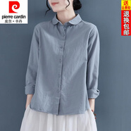 皮爾卡丹（pierre cardin）25年新款純棉襯衫女春秋款設計感圓領(lǐng)復古長(cháng)袖棉麻襯衣亞麻上衣女 灰藍色 M 100-120斤