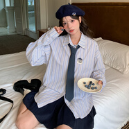 森女部落甜美風(fēng)百搭寬松純棉條紋襯衫女新款可愛(ài)貓咪刺繡長(cháng)袖上衣 藍色條紋襯衫 S 模特碼