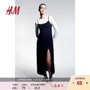 H&M女裝背心吊帶連衣裙秋季透氣修身度假A字抽繩中長連身裙1224678 黑色 170/104