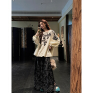 三吉黑花【簪上雪】新中式國風(fēng)珠繡連衣裙子長(cháng)袖巨好看秋拼接長(cháng)裙 米黑 XS